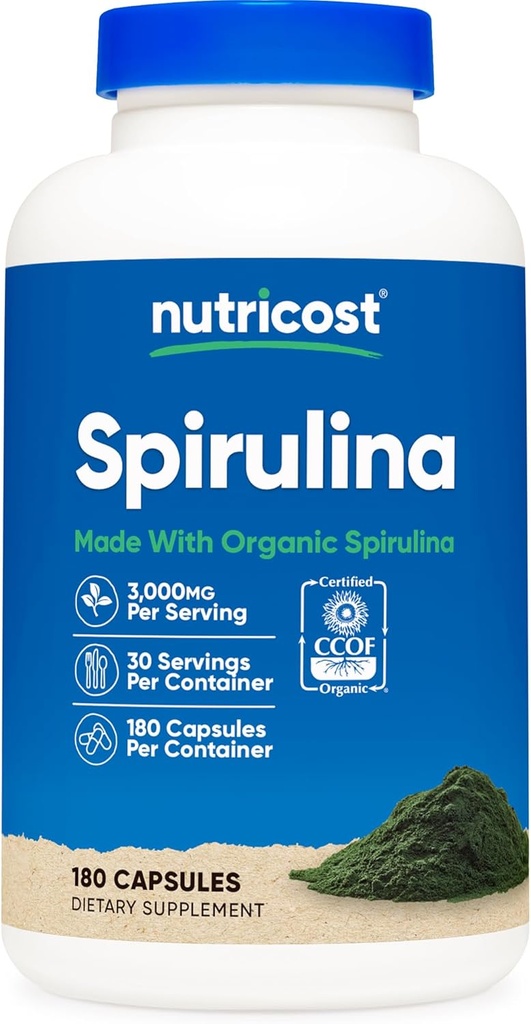 Nutricost Spirulina 3000mg, 180 Capsules for 30 Servings - CCOF Certified Made with Organic Spirulina, Gluten Free, Vegetarian