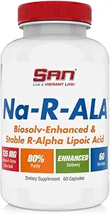 SAN Na-R-ALA - Ácido Lipoico Estabilizado R-Alpha 125mg por Serving [High Potency & Aumento de la Absorción], 60 cápsulas