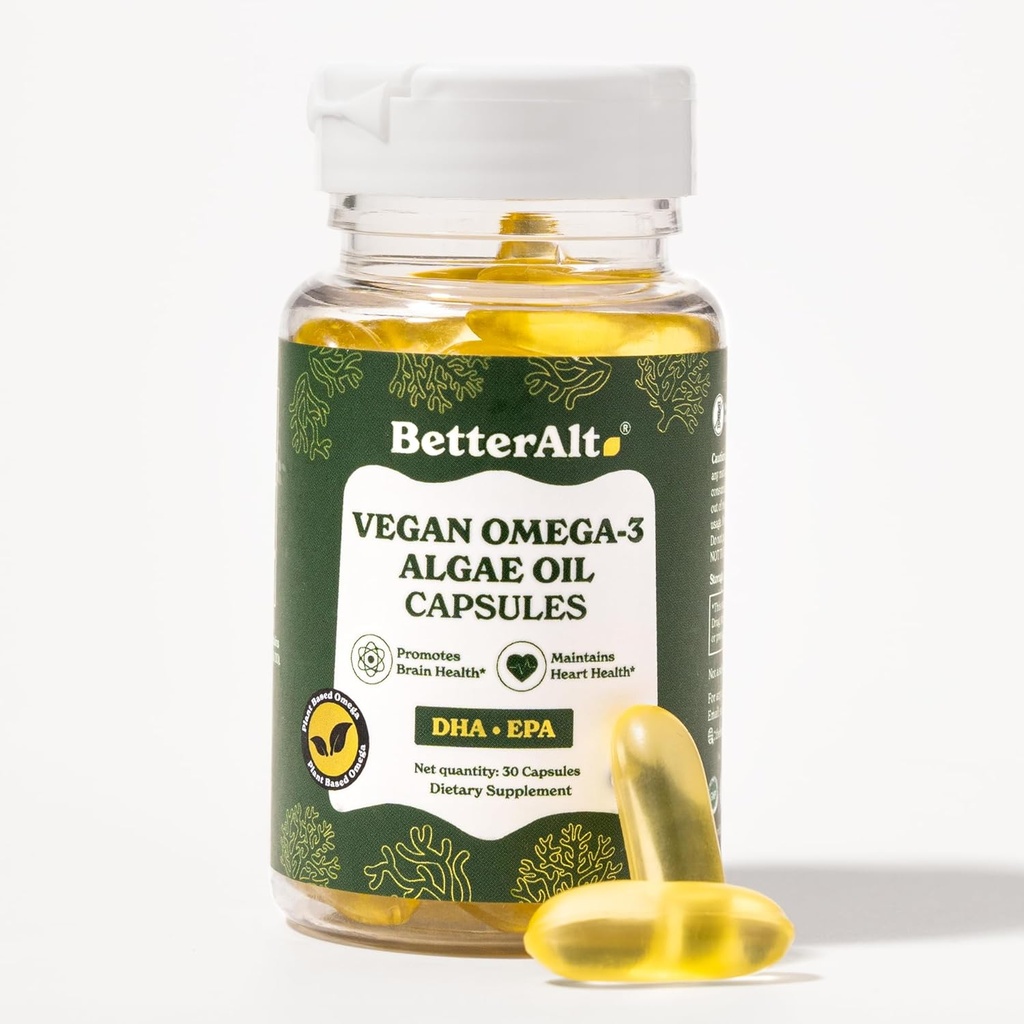 Mejor Alt Vegan Omega-3 Softgel Capsules ← Algae Oil (1000 mg) Silencio 501 mg DHA Silencio 6 mg EPA tóxico Ayuda a promover la salud cerebral Ø 1-Mes Suplemento dietético