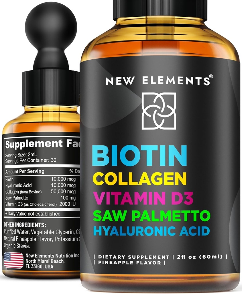 Biotina líquida para el crecimiento del cabello Mujeres &amp; Hombres 10000mcg ← Biotina y colágeno Suplementos con Saw Palmetto & Hyaluronic Acid ← Biotina gotas para el crecimiento del cabello con vitamina D3 para la piel del cabello y uñas