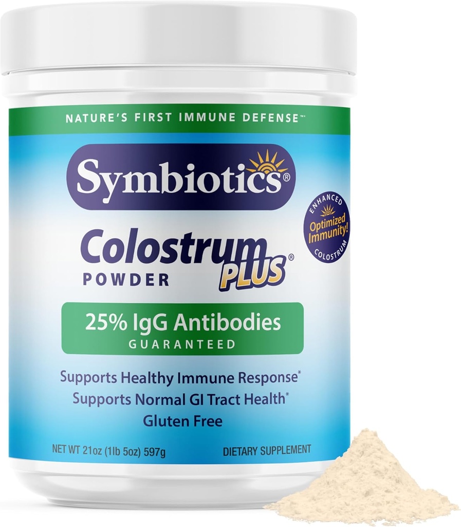 Symbiotics Colostrum Plus Powder 21 oz (597 g) - Immunity Support - Promotes Athletic Performance and Optimal Iron Levels - Inmunoglobulina - 25% lgG Anticuerpos - Gluten Free