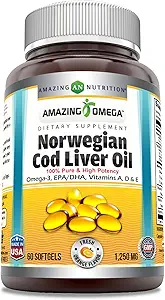 Increíble Omega Norwegian Cod Liver Oil 1250 Mg Softgels Suplemento Ø Omega-3, EPA, DHA, Vitamina A, Vitamina D &amp; Vitamina E (Orange tención 60 Conde)