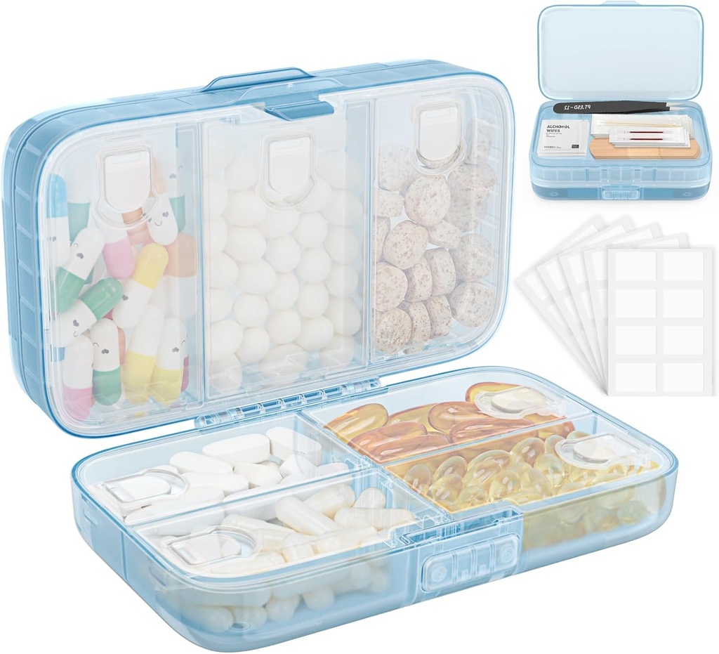 Organizador semanal de píldoras con etiquetas,8 Compartimientos Travel Daily Pill Case Airtight Caja de gran pill resistente a la humedad para mantener vitaminas, aceite de pescado, suplementos, Swab de algodón y Bandages-Blue