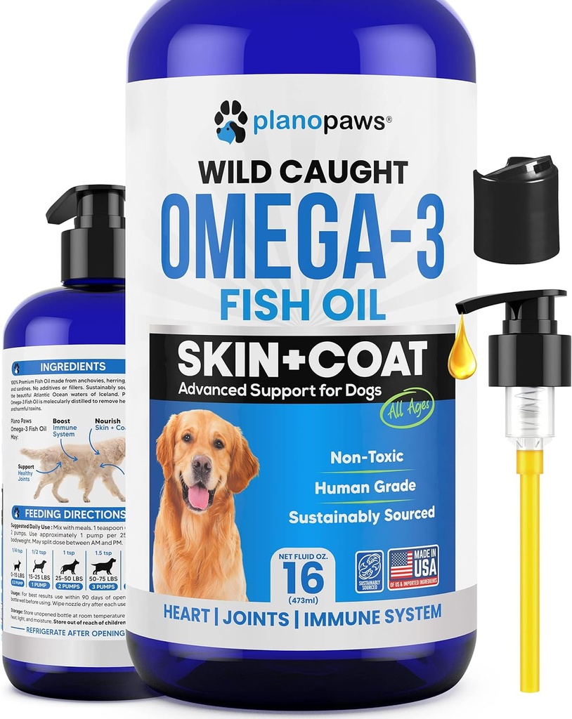 Omega 3 aceite de pescado para perros - Mejor que el aceite de salmón para perros - Suplemento de aceite de pescado para perros - Reducir la ropa de cama &amp; picazón - Soportes Juntas, Cerebro, Corazón de la piel y el suplemento de la carne - Petróleo de pescado líquido