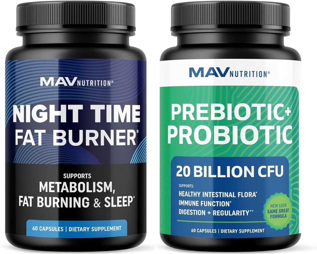 MAV NUTRITION Night Time Fat Burner Capsules and Probiotic & Prebiotic Capsules | Overnight Metabolism Booster for Stomach Fat Burning Gut Health Support | Comprehensive Digestive Wellness