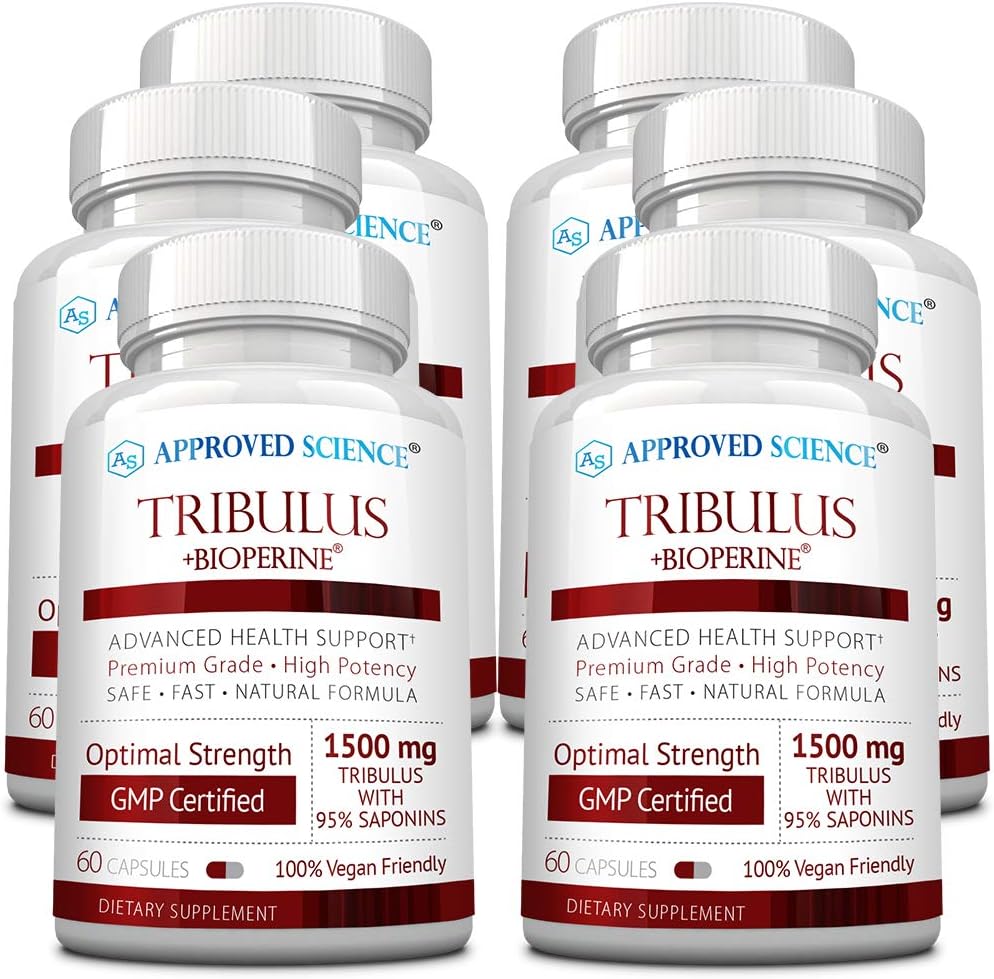 Tribulus de Ciencias Aprobados Terrestris - 360 Capsules - Boosts Testosterone, Enhances Athletic Performance, Supports Muscle Growth and Repair - 95% Furostanol Saponins - Bioperine - Vegan - 6 Botellas
