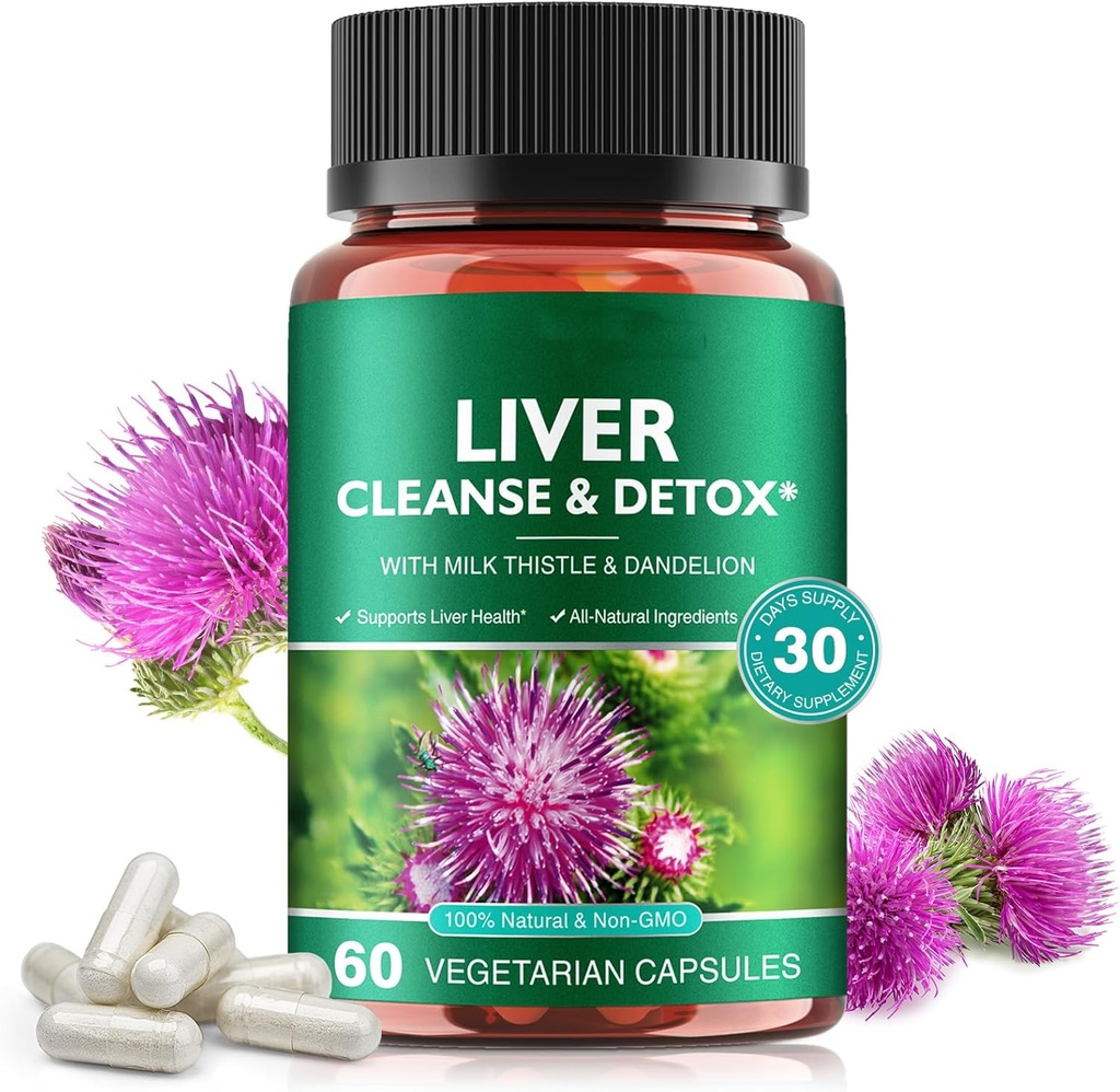 Láminas desintoxicantes para la reparación de la salud del hígado - con extracto de cardo de leche, raíz de Dandelion, jengibre, pólvora de escarabajo &amp; vitaminas - soporte para el hígado natural, 60 cápsulas veganos