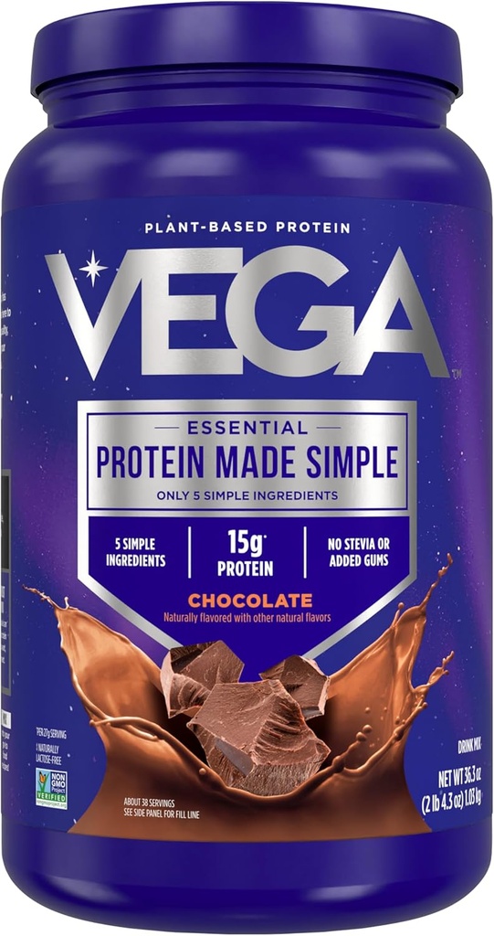Vega Protein Made Simple - 15g Plant-Based Pea Protein, Chocolate, 39 Servings, Stevia Free, No Artificial Sweeteners or Gums, Non-GMO, Gluten Free, Dairy Free, 2.3lbs (Packaging May Vary)