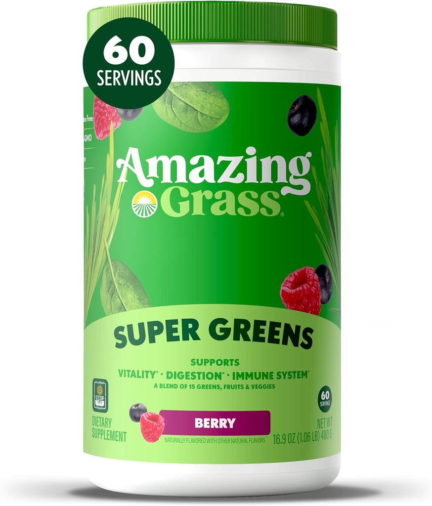 Increíble Grass Greens Blend Superfood: Super Greens Powder Smoothie Mix with Spirulina, Chlorella, Beet Root Powder, Digestive Enzymes & Probiotics, Berry, 60 Servings (Packaging May Vary)