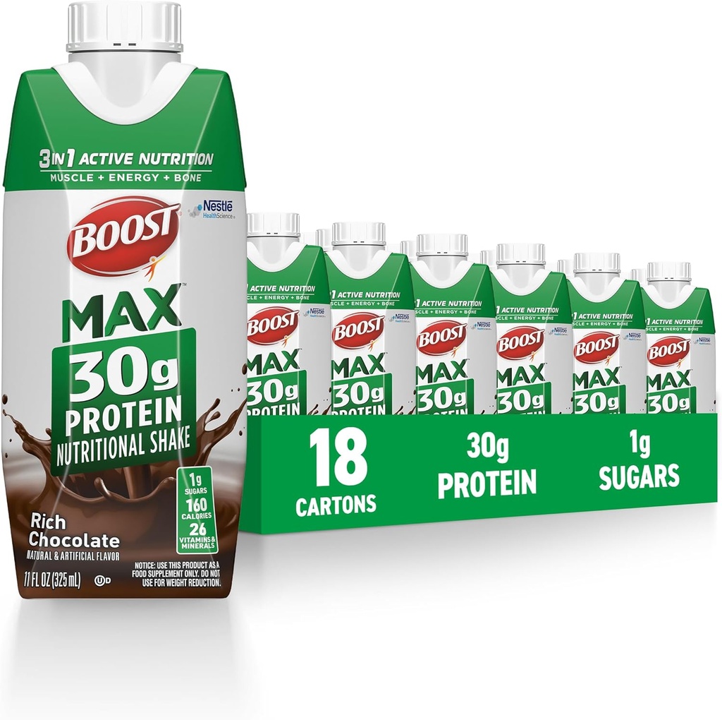 BOOST MAX Protein Shakes Listo para beber - 30g High Protein Shake - Chocolate  permanente Bebidas nutricionales para apoyar la recuperación muscular después del ejercicio, 26 Vitaminas &amp; Minerales, 1g Sugar, 11 fl oz (Pack of 18)