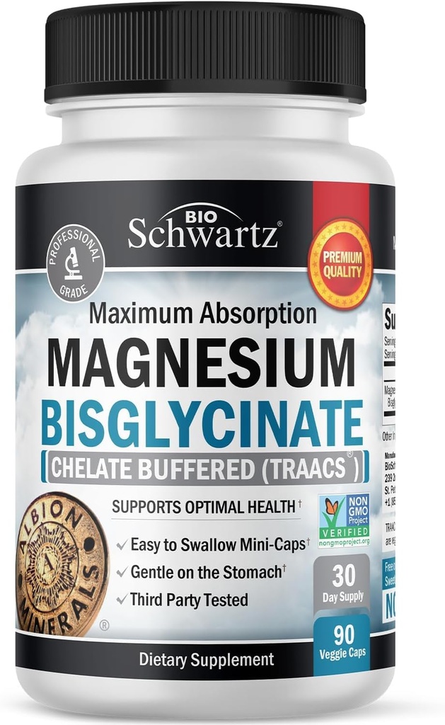Magnesium Bisglycinate 100% Chelate No-Laxative Effect - Maximum Absorption & Bioavailability, Fully Reacted &amp; Buffered - Healthy Energy Muscle Bone & Joint Support - Non-GMO Project Verified - 90 ct