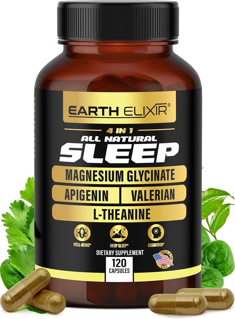 Earth Elixir 4-in-1 Sleep Aid (120 Caps) w/Apigenin 50mg, Magnesium Glycinate 200mg, L Theanine 200mg &amp; Valerian Root for Sleep Aid 300mg  Apigenin Supplement for Sleep ← Sleeping Pills