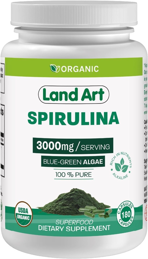 Land Art Certified Organic Spirulina - 180 Capsules - Superfood- Rich in Minerals, Vitaminas y proteínas - Vegan