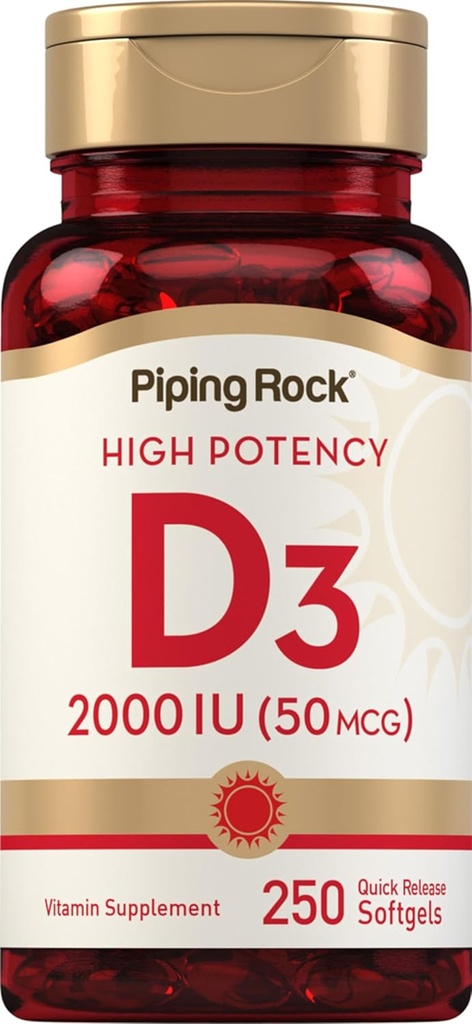 Piping Rock Vitamina D3 2000 UI ← 250 Softgels ← High Potency ¦ Cholecalciferol Suplemento Silencio No GMO, Gluten Free