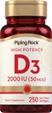 Piping Rock Vitamina D3 2000 UI ← 250 Softgels ← High Potency ¦ Cholecalciferol Suplemento Silencio No GMO, Gluten Free