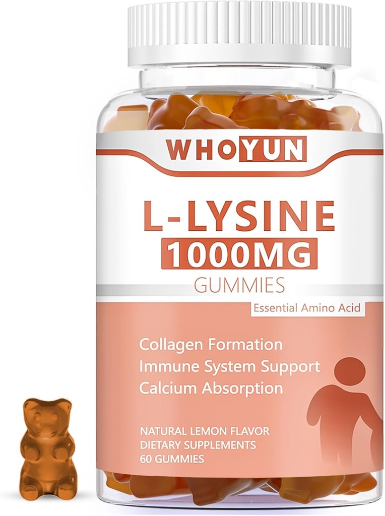 L-Lysine 1000mg Gummies, Chewable Lysine Supplement for Adults, Immune Support, Collagen Formation Support, Lemon Flavor, 60 Conde