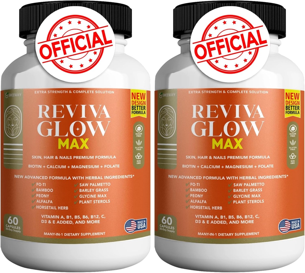 Reviva Glow Max - Peluquería, Piel &amp; Nails Support Suplemento ¦ Biotin, Calcio, Magnesio, Folate &amp; Herbal Blend ← Premium Fórmula tención 120 Capsules, Vegan &amp; Gluten-Free