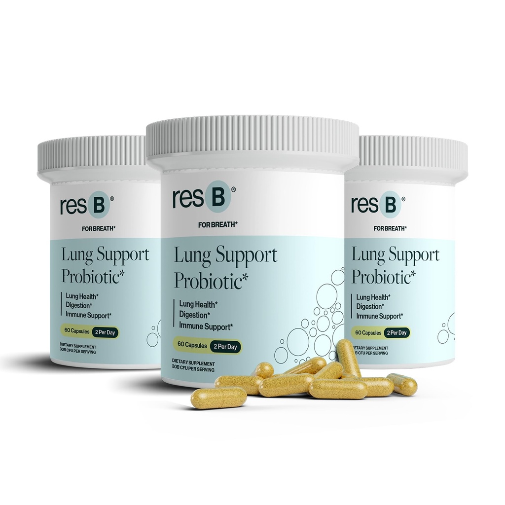 resbiótico resB Lung Support Probiotic Supplement - Lung Health Supplement for Smokers, Gut Health, Immune Support, Respiratory Care, Holy Basil, Turmeric, Clinically Trialed - 180 Capsules (3 Bottles)
