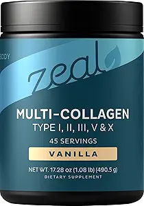 Péptidos Multi Collagen Premium Pólvora Proteína (1, 2, 3, 5 &amp; 10) con Vitamina C, Biotina, Ácido Hialurónico, para la piel del cabello y uñas - Marine, Bovine, Pollo &amp; Eggshell (Vanilla, 45 Servings)