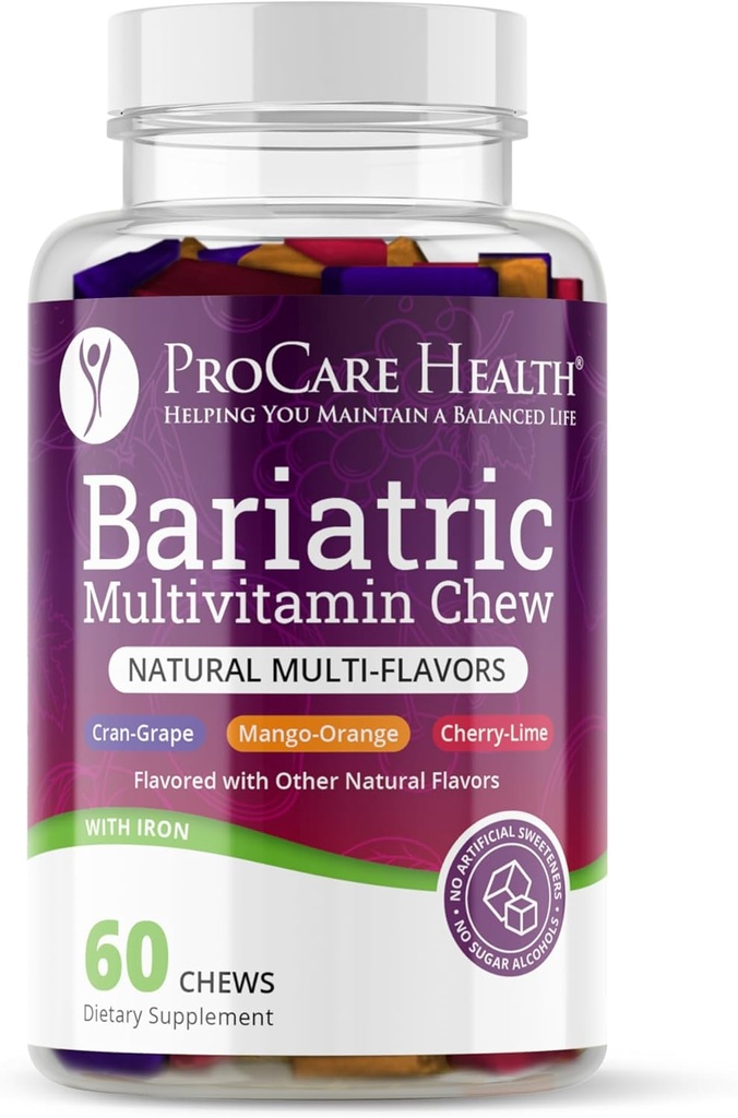 ProCare Health TEN Bariatric Multivitamin TEN Soft Chew TEN 22.5mg Iron TEN Individualmente Wrapped TEN Multi-Flavor ANTE Cran-Grape, Mango-Orange, Cherry-Lime ANTE 60 Conteo ← 1 Mes de Suministro