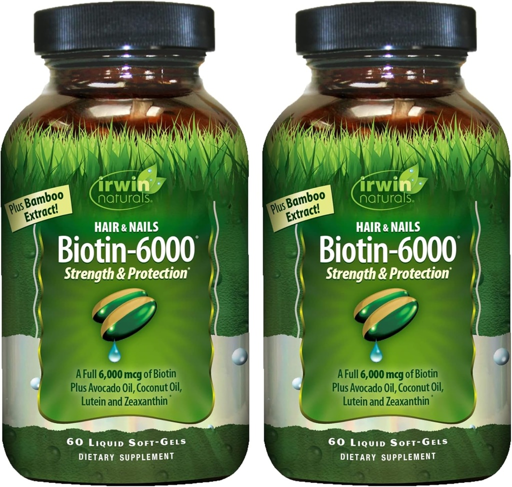Irwin Naturals Biotin-6000-60 Líquido Soft-Gels, Pack de 2 - Soportes Fuerza &amp; Protección para el cabello &amp; uñas - con aceite de aguacate, aceite de coco, Lutein &amp; Zeaxanthin - 60 Total Servings