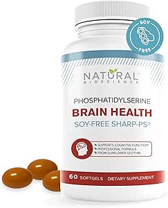 Soy Free Phosphatidylserine 100mg Softgel - PS Suplemento Boosts Memoria, Focus, Resolución de problemas, Control de cortisol. Natural Sunflower Lecithin, Patented Sharp PS-Green. Non-GMO, 60 Softgels