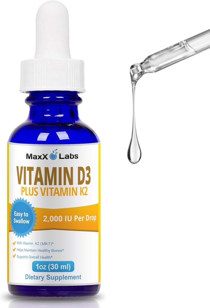 Vitamina D3 K2 Liquid Drops - Liquid Vitamin-D3 2000 IU Por gota con suplementos K2 para adultos &amp; niños - VIT D para huesos saludables, corazón &amp; salud inmunitaria - Vitamina D K2 MK7 Dropper 1 Oz
