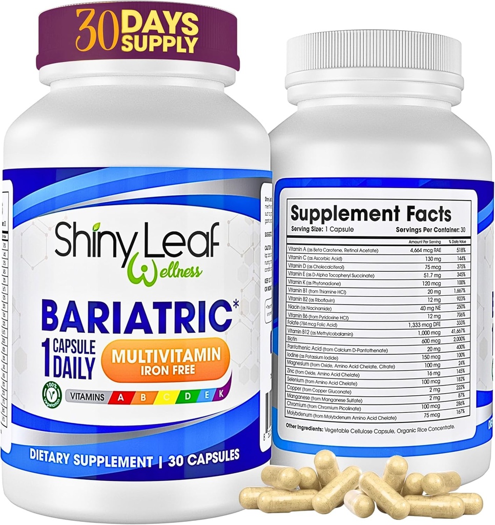 Hoja brillante Multivitamina Bariatric Sin Hierro - Vitaminas para Bypass Gástrico &amp; Sleeve, 1 cápsula diaria W Vitamina A, C, D, Biotina, Zinc, B12, K, Vegetariano, Libre de Soy, GMP Cert., Made in USA (30 Ct.)