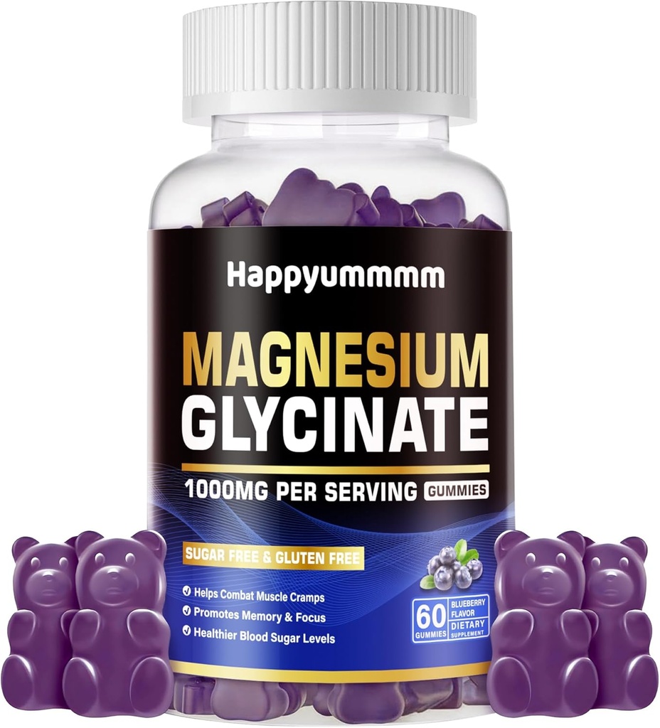 Magnesio Glycinate Gummies 1000mg - Suplemento de Potasio de Magnesio Libre de Azúcar con Vitamina D, B6, CoQ10 para calma Mood &amp; Sleep Support - 60 Blueberry Gummies