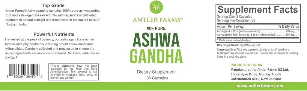 Antler Farms – 100% Pure Ashwagandha Root y Ashwagandha Root Extract, 130 Capsules, 1200mg – Estándarizado a 5% conanolides, mejora del rendimiento mental, energía e inmunidad