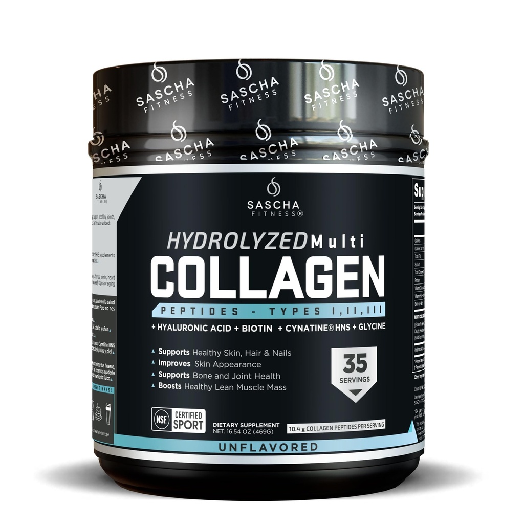 SASCHA FITNESS Hidrolyzed Multi Collagen Peptides Tipes 1,2 &amp; 3 ←Hyaluronic Acid habitBiotin ←Cynatine HSN habitVitamin C & E  durablefor Hairs, Skin & Bone Support Unflavored