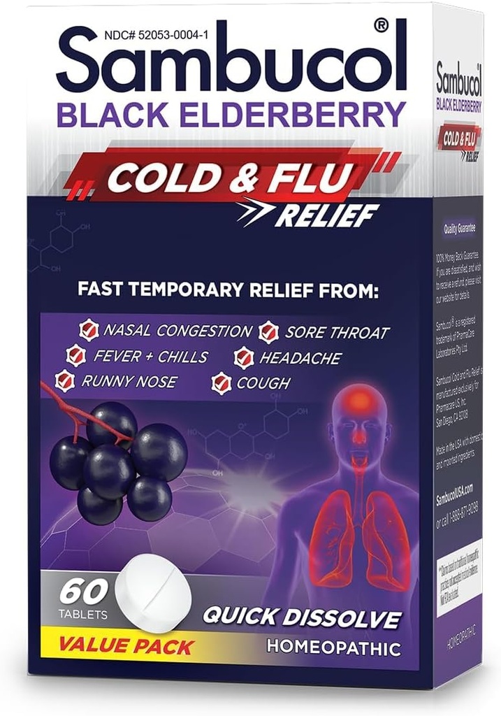Sambucol Cold and Flu Relief Tablets - Homeopática de Medicina Fría, Remedio frío para adultos, Black Elderberry for Colds, Zinc Cold Remedy - 60 Conde