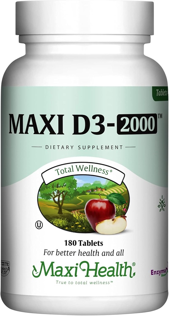 Maxi Health Kosher Vitamina D3 2000IU - Highly Absorbable Vitamina D Suplementos para la respuesta saludable de los inmunes, la absorción de calcio, la salud de los dientes y los huesos - D3 Vitamina 2000 UI -180 Tabletas