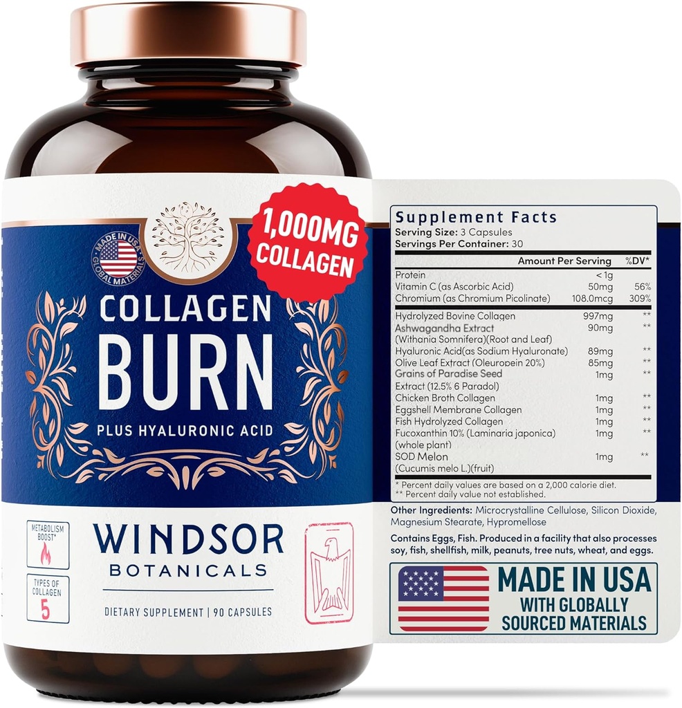 Thermogenic Multi Collagen Burn Capsules - Hydrolyzed Multi Collagen Complex Types I, II, III, V, X, Marine Collagen, Hyaluronic Acid - Beauty and Anti-Aging Supplement for Women and Men - 90 Pills