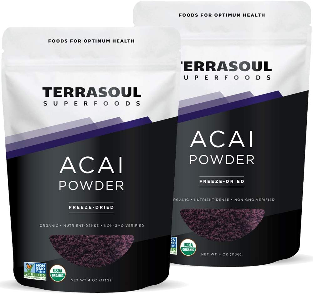 Terrasoul Superfoods Organic Acai Berry Powder, 4 Oz (Pack of 2), Freeze-Dried for Freshness, Omega Fats Boost for Smoothie Bowls, and Antioxidant-Packed Superfood Recipes