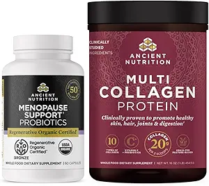Probióticos certificados orgánicos antiguos de nutrición para la menopausia, 60 Cuenta + Multi Collagen Proteína de polvo Desarrollado, 45 Servimientos