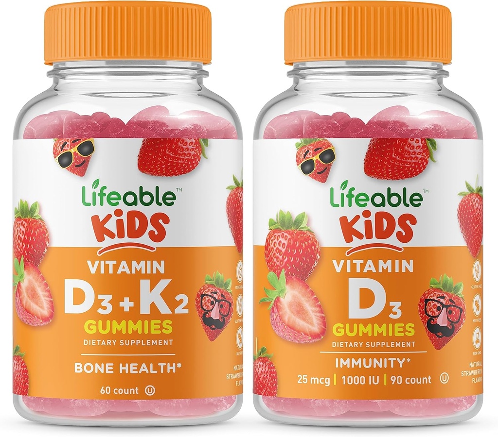 Vitamina D3 + Vitamina K2 Niños + Vitamina D Niños, Gummies Bundle - Gran Tasting, Suplemento de Vitamina, Gluten Gratis, GMO Gratis, Gummy Chewable