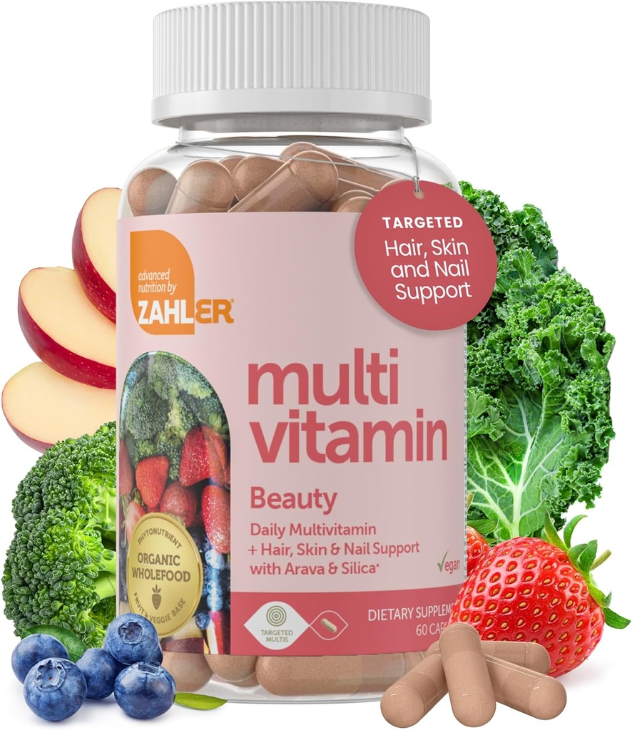 Zahler Multivitamin Beauty, Daily Multivitamin +Skin Hair and Nails Support, para Mujeres y Hombres con Hierro, Certified Kosher, 60 cápsulas