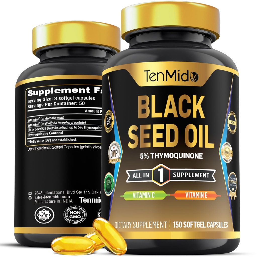 Black Seed Oil Capsules Suplemento - 4in1 Fórmula - Combina con Vitamina C, Vitamina E - Salud Digestiva, Apoyo Inmunitario - Rico en Nutrient - 150 cápsulas de Softgel