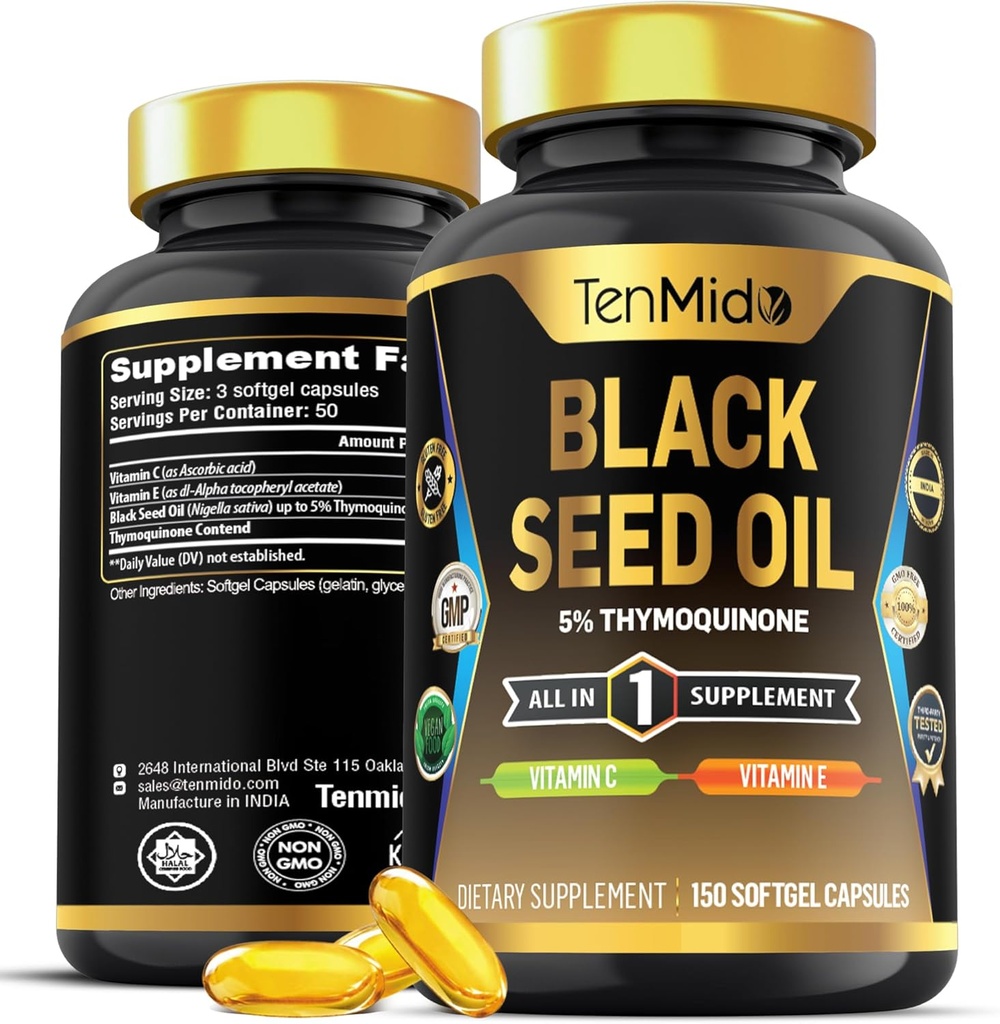 Black Seed Oil Capsules Suplemento - 4in1 Fórmula - Combina con Vitamina C, Vitamina E - Salud Digestiva, Apoyo Inmunitario - Rico en Nutrient - 150 cápsulas de Softgel