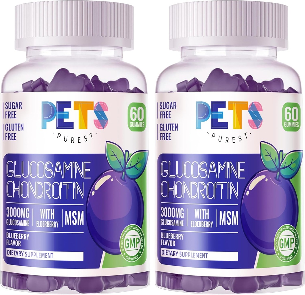 Pets Purest Glucosamine Chondroitin Gummies with MSM & Elderberry Extra Strength - Joint Support, Antioxidant Immune Support Supplement for Adults, Men &amp; Women.(2 Pack) Blueberry