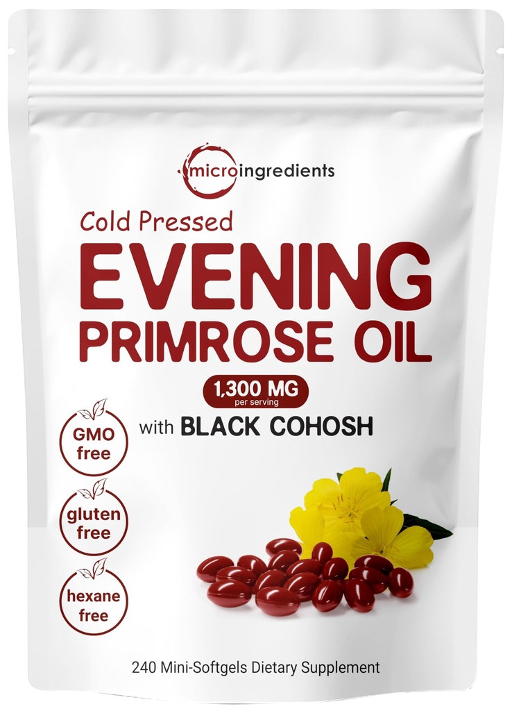 Micro Ingredientes Primrose Oil 1300mg Por Serving, 240 Softgels tención Reforzada con 40mg Black Cohosh Extract, Cold Pressed – 10% Active GLA, Non-GMO, No Gluten, Easy to Swallow