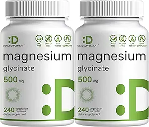 2 Pack Magnesium Glycinate 500mg, 480 Veggie Capsules  100% Chelated for Easy Absorption ← Suplemento Mineral Esencial para el músculo, el sueño, " Heart Health