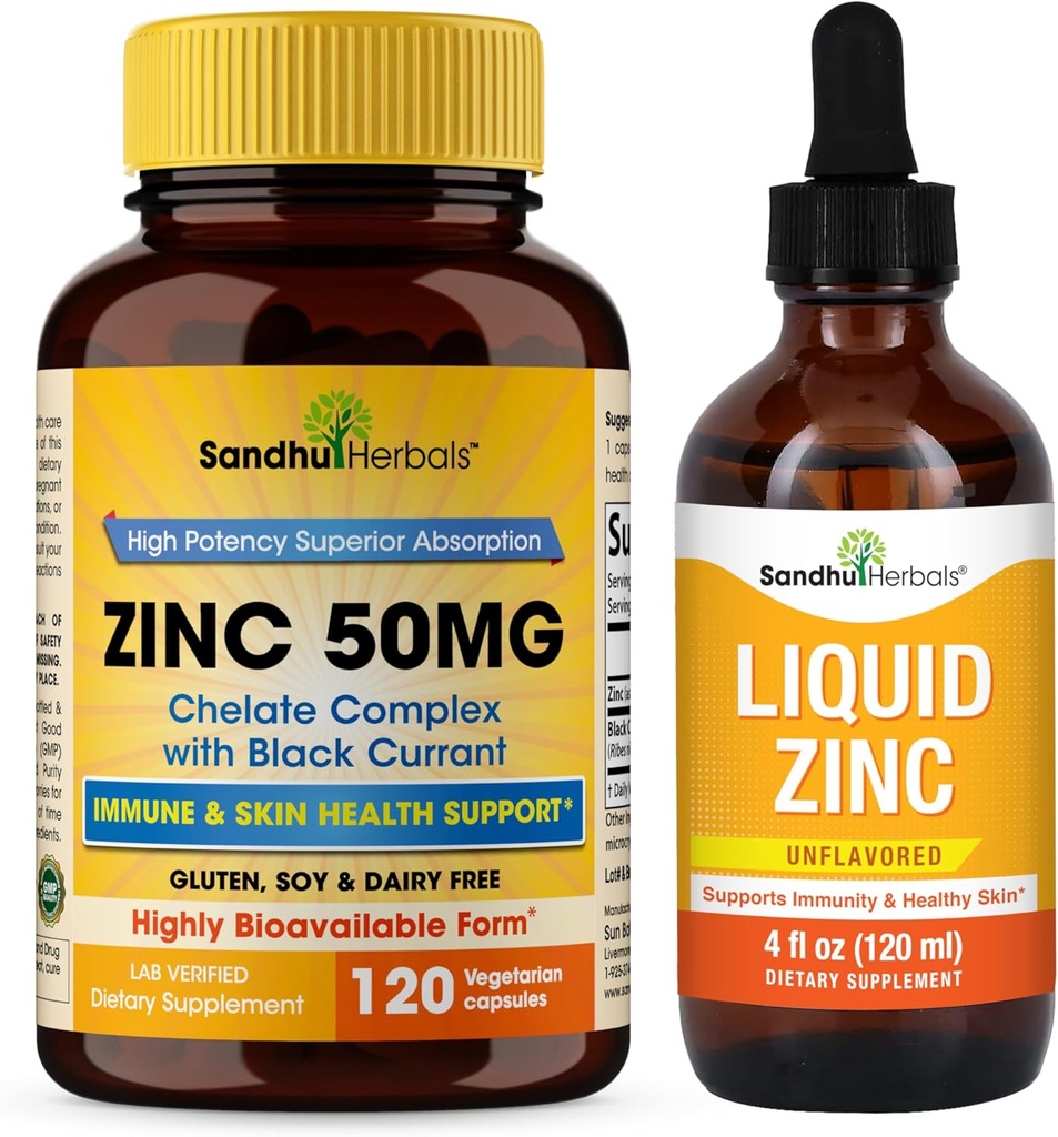 SANDHUHERBALS Zinc 50mg Capsules Bundle con gotas líquidas de zinc soporta Immune &amp; Skin Health