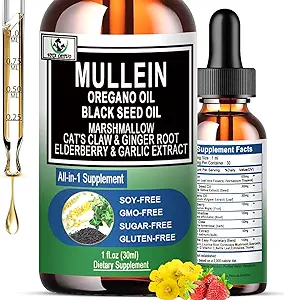 16-en-1 gotas de Mullein Orgánica para Pulmones Ø Mullein Leaf Extract w/Oil of Oregano with Black Seed Oil ← Non-GMO adultoGluten Free Respiratory Health Liquid Drops latitud Mullein Supplement Cleanse for Smokers