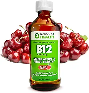 Fiable-1 Laboratorios Vitamina líquida B12 Suplemento diario 1000mcg para hombres adultos &amp; mujeres - Natural Cherry Flavor