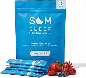 Som Sleep, Calm Sleep Powder Drink Mix, 3mg Melatonin, Magnesium, Vitamina B6, L-Theanine & GABA – Vegan, Zero Sugar, Keto Friendly – Berry, 10-Pack