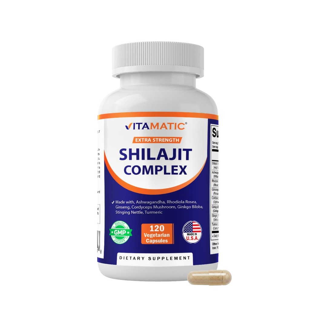 Vitamatic Shilajit Complex Capsules, Made with Ashwagandha, Rhodiola, Ginseng, Cordyceps, Ginkgo, Nettle, Turmeric - 120 Veggie Capsules - Extra Strength Shilajit Extract for Men &amp; Women