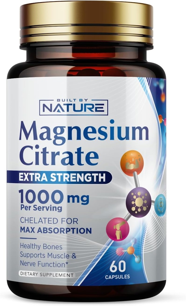 Citrato de magnesio 1000mg - Max Absorción &amp; High Potency Magnesium Complex Supplement for Heart, Muscle, Nerve, Bone Health & Stress Relief - Non-GMO, Gluten-Free - 60 cápsulas Vegan