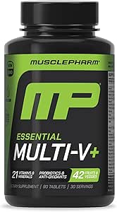Muscle Pharm Essentials Multi-V+, The Athlete's Multi-Vitamin, Enhanced Energy, Performance & Immune Health, Daily Multivitamin for Men &amp; Women with Minerals Plus Probiotics, 90 Tablets, 30 Servings